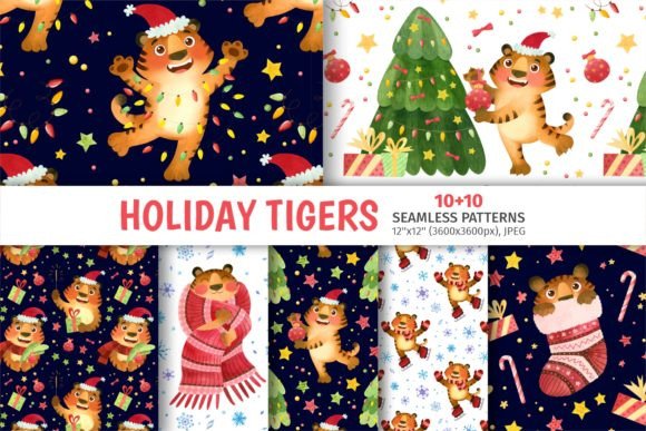 Cute Christmas Tigers, Seamless Patterns