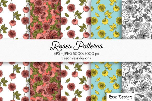 Hand Drawn Rose Flower Seamless Patterns